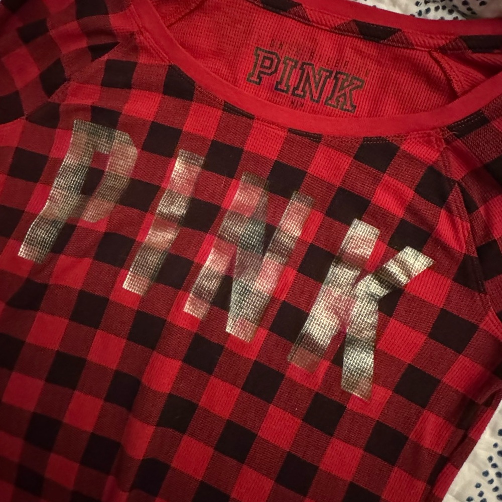 Victoria’s Secret PINK-Red & Black Check print Thin Waffle Weave Long Sleeve Top